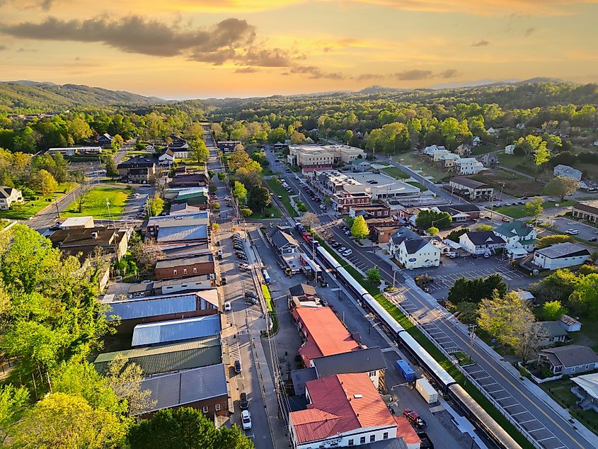 Downtown Blue Ridge, Georgia, in Fannin County at sunset