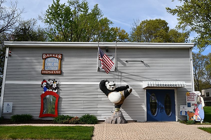 The Barker Character, Comic, and Cartoon Museum in Cheshire, Connecticut, featuring a vibrant exterior showcasing memorabilia from classic comics and cartoons.