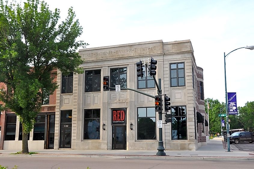 A steakhouse in a historic bank building in Vermillion, South Dakota.