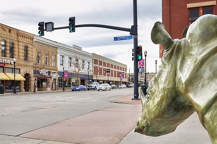 Bronze rhino on a pavement in Sheridan, Wyoming