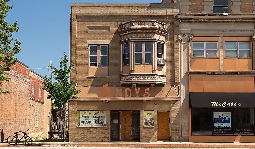 Exterior of downtown buildings and storefronts in DeKalb, Illinois.