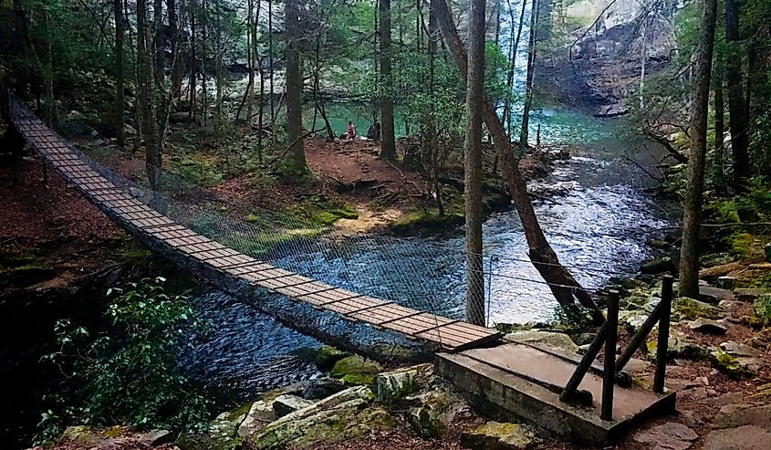 View of the suspension footbridge and the waterfall at Foster Falls along the Fiery Gizzard Trail in South Cumberland State Park in Tennessee.