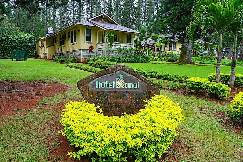 View of the Hotel Lanai, a historic hotel located in the former Dole Plantation in the center of Lanai City, Hawaii.