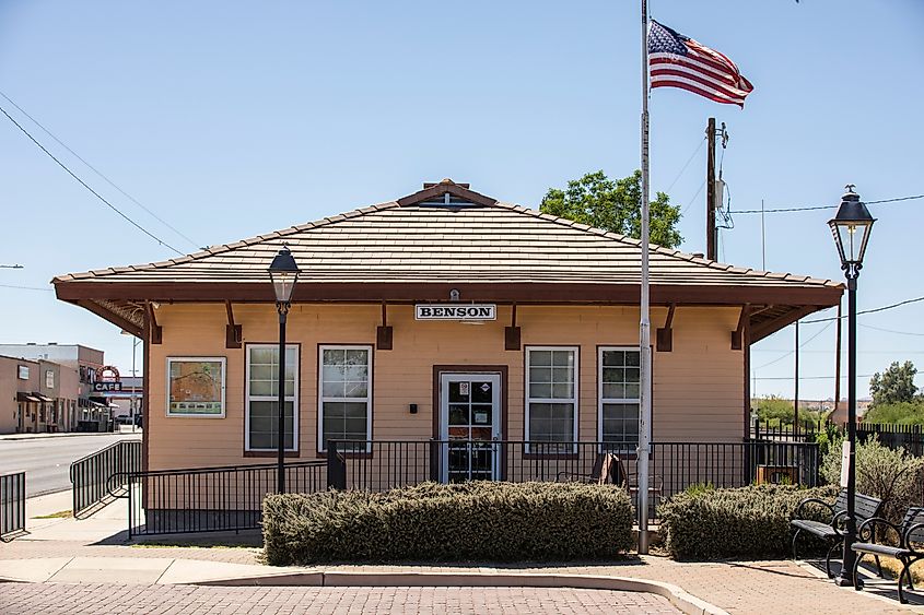 Afternoon light shines on the historic downtown Benson train station. Editorial credit: Matt Gush / Shutterstock.com