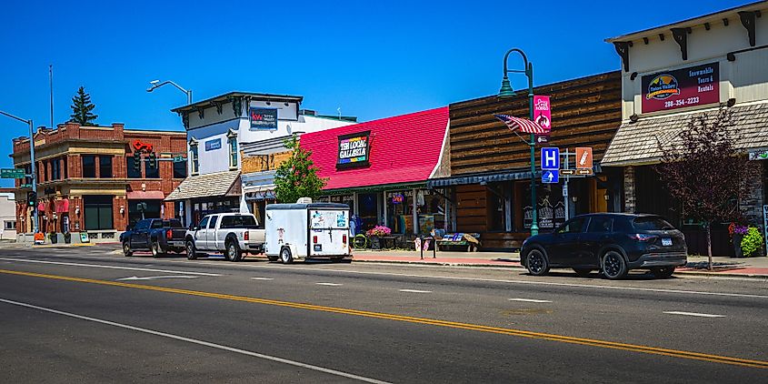 Shops lined along a street in Driggs, Idaho.