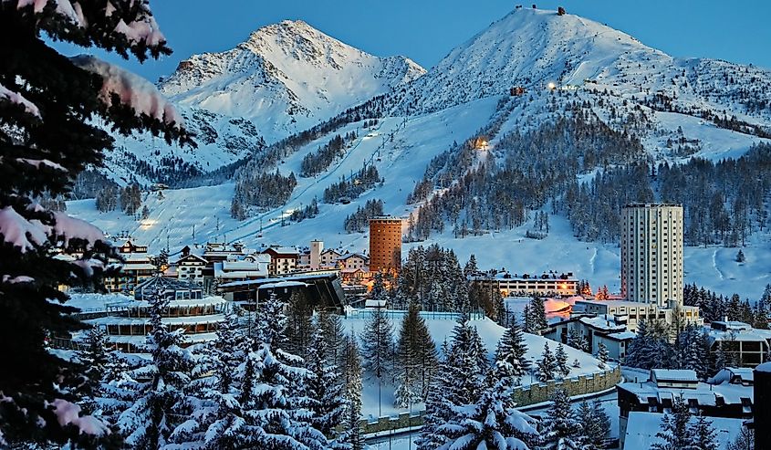 Overview of the snow-covered alpine village of Sestriere, which was the site of the Winter Olympics in 2006