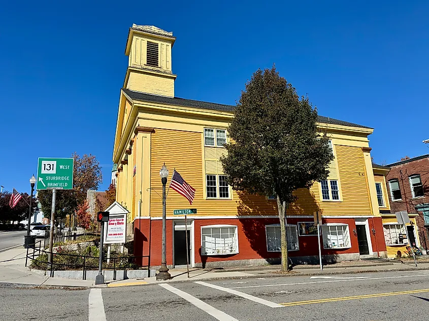A historic church at the intersection of Hamilton Street in Southbridge, Massachusetts