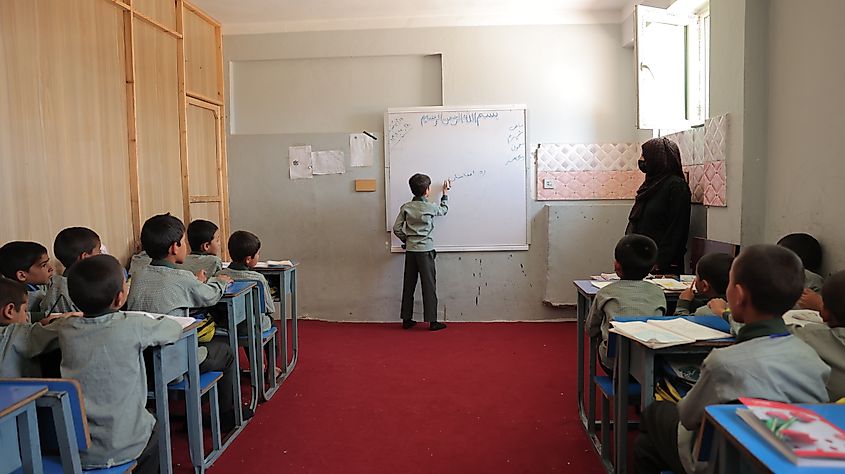 Afghan schoolboys studying in the classroom. Shutterstock/Waheedullah Jahesh