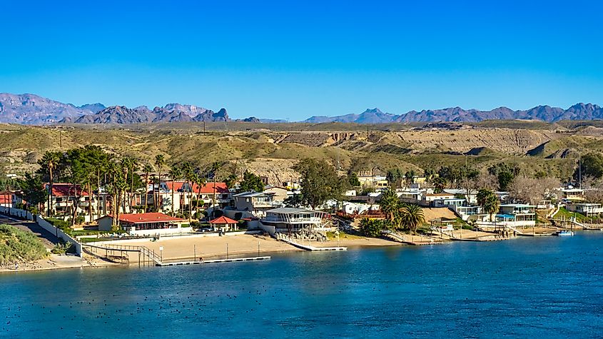  A view of Rio Las Palmas condominium complex and neighboring riverfront property located on the Colorado River in Bullhead City, Arizona.