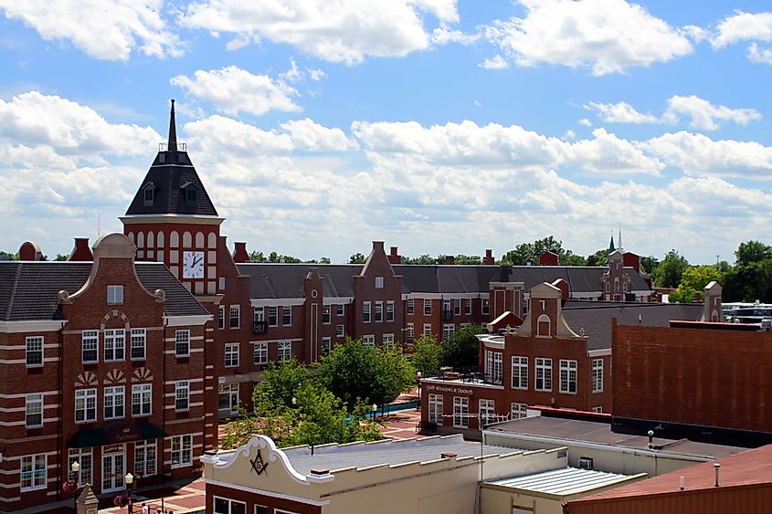 Aerial view of Pella, Iowa, showcasing its Dutch-inspired architecture