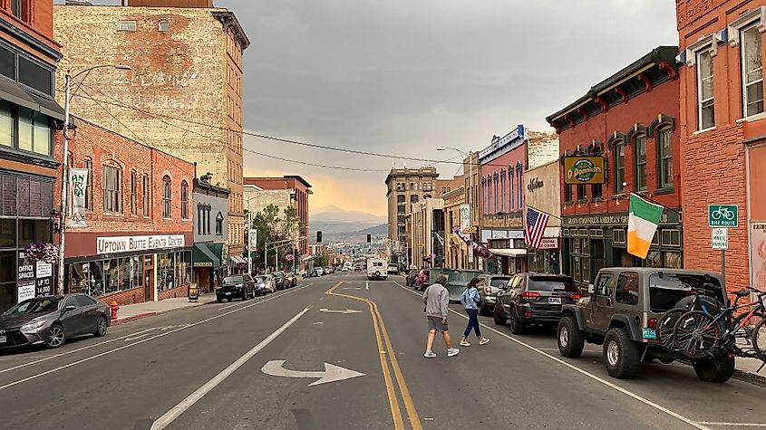 A cloudy sunset above the historic mining downtown district of Butte, Montana.