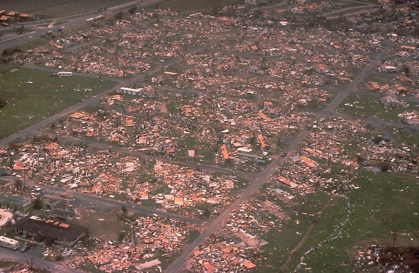 Aerial view of Dade County, Florida, showing extensive damage from Hurricane Andrew, with destroyed homes and widespread devastation across Miami's landscape.