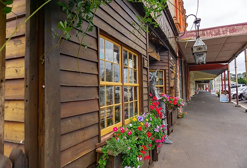 View along one side Fraser Street of old buildings and nobody in historic gold town of Clunes.