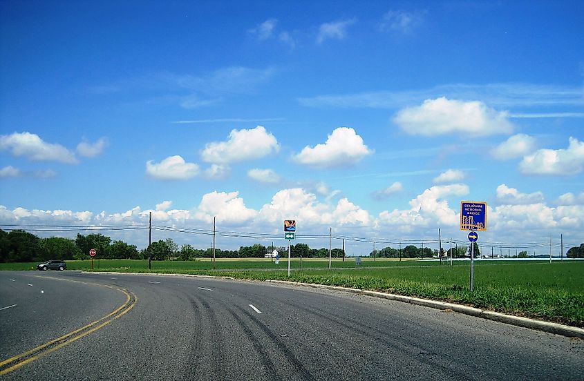 Signage for the Delaware Memorial Bridge and the Bayshore Heritage Byway.