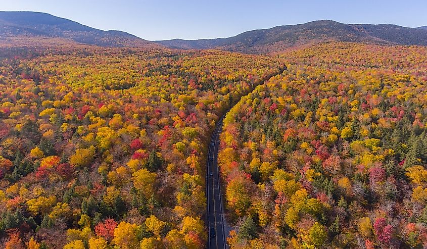 Kancamagus Highway aerial view near Sugar Hill Scenic Vista, Town of Lincoln, New Hampshire.