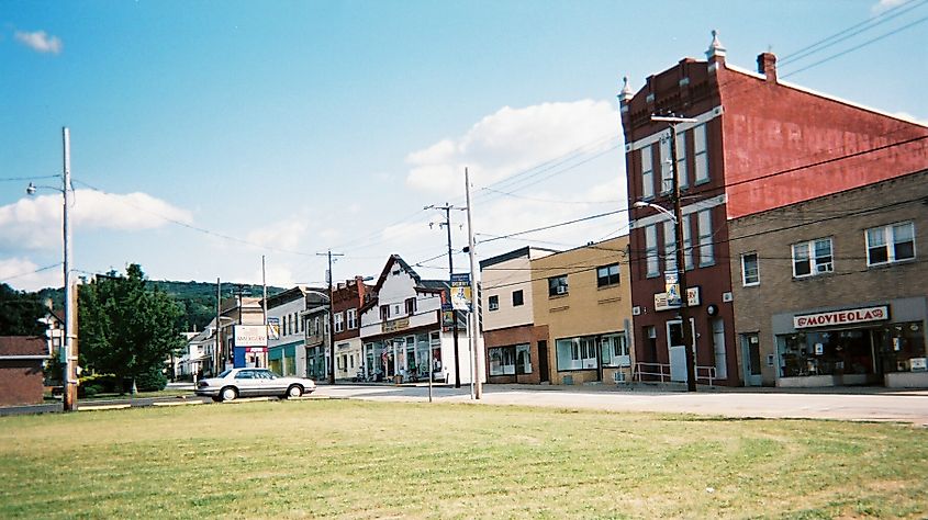 Business district of Derry, Pennsylvania. Buildings shown are on South Chestnut Street; photo taken from East First Avenue.