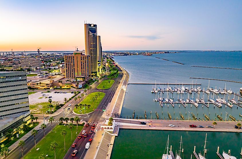 Aerial drone shot of Corpus Christi downtown, and marina with American Bank high rise at night. Editorial credit: Mossaab Shuraih / Shutterstock.com