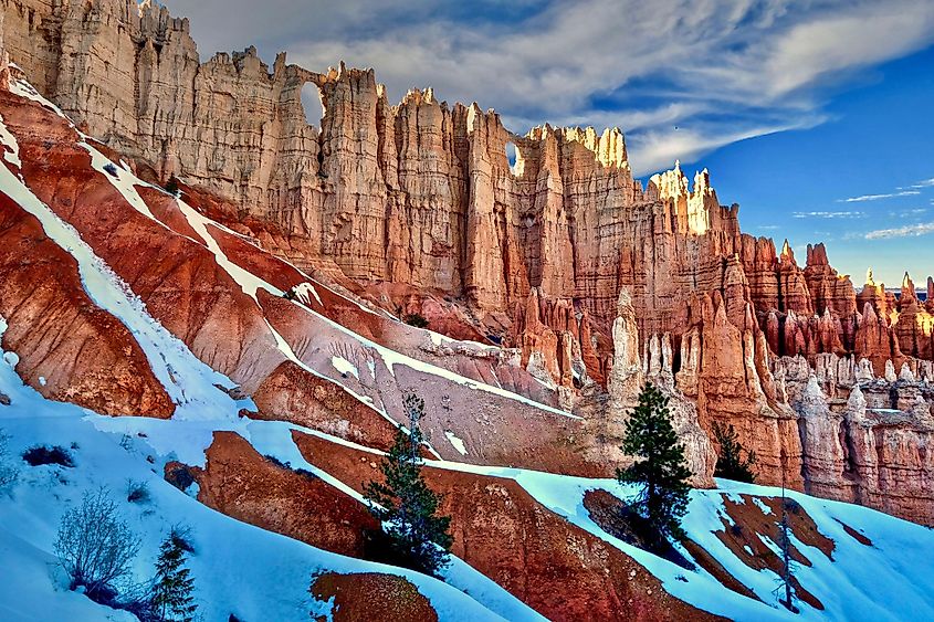 Hoodoos with snow in Bryce Canyon National Park. Wall of Windows. Bryce. Cedar City. Utah.