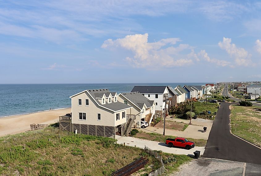 Aerial view of homes along the Atlantic Ocean sand dunes and Highway 12 in Kitty Hawk, North Carolina.