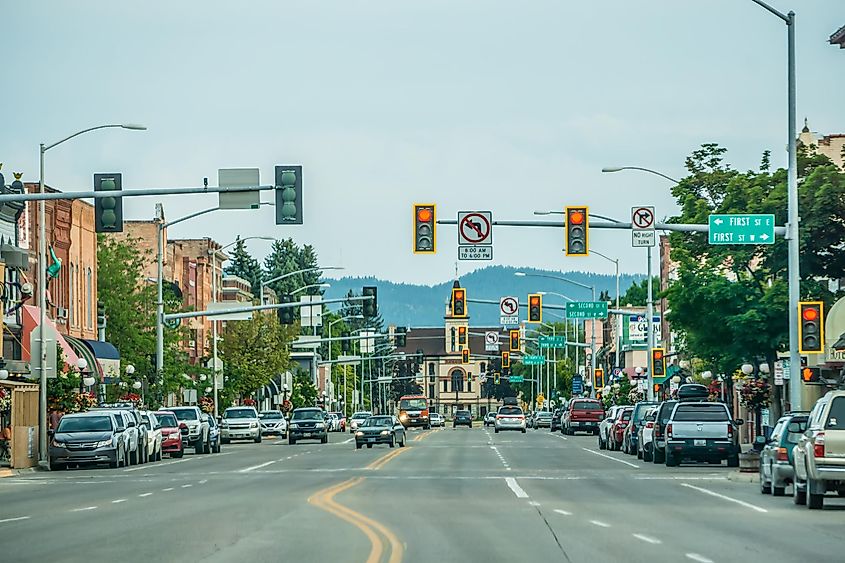 A busy street scene in Kalispell, Montana.