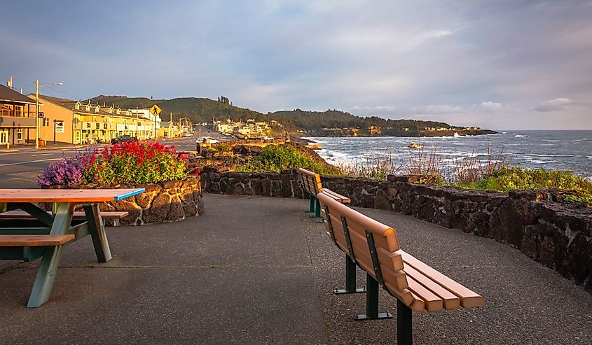 Waterfront of Depoe Bay at sunset, Oregon.