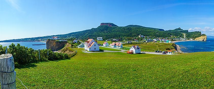 A panoramic view of Percé village at the tip of the Gaspé Peninsula, Quebec