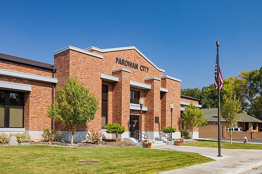Sunny view of The Parowan city hall at Parowan, Utah.