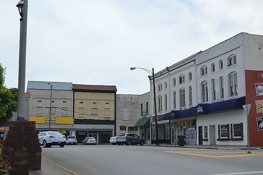 Buildings in the western quadrant of the public square (Kentucky Route 91) in downtown Burkesville, Kentucky, United States, 