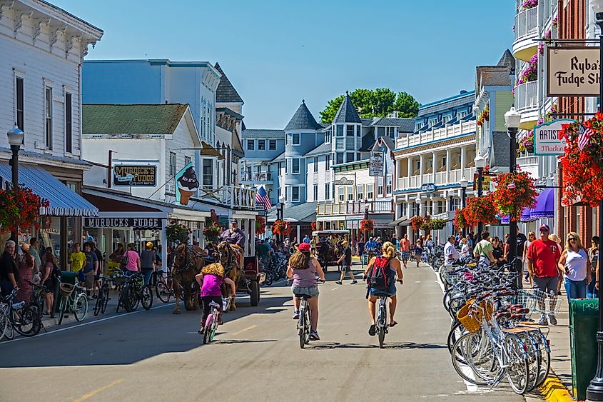 Crowded street view of Mackinac Island, Michigan