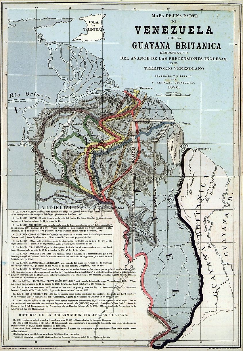 An 1896 map of part of Venezuela and British Guiana, published to show British territorial claims in the Guayana Esequiba boundary dispute before the 1899 Paris Arbitral Award.