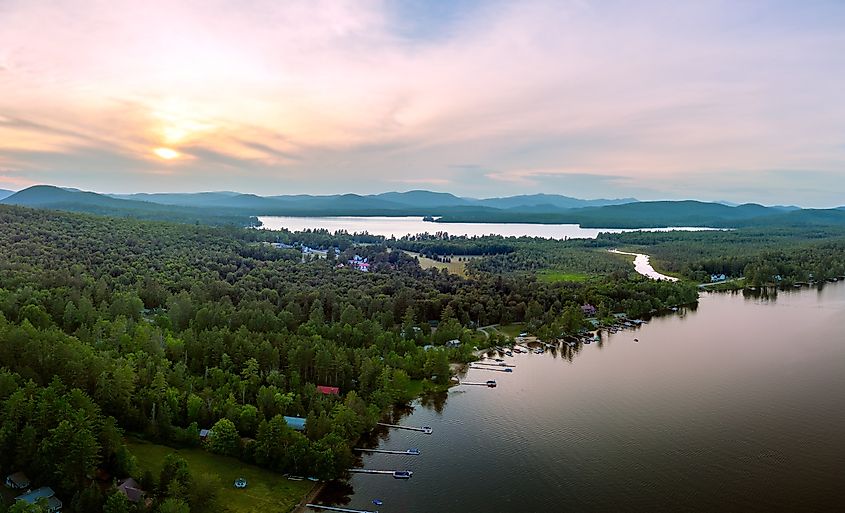 Aerial view of Speculator, New York, with Lake Pleasant in the foreground.