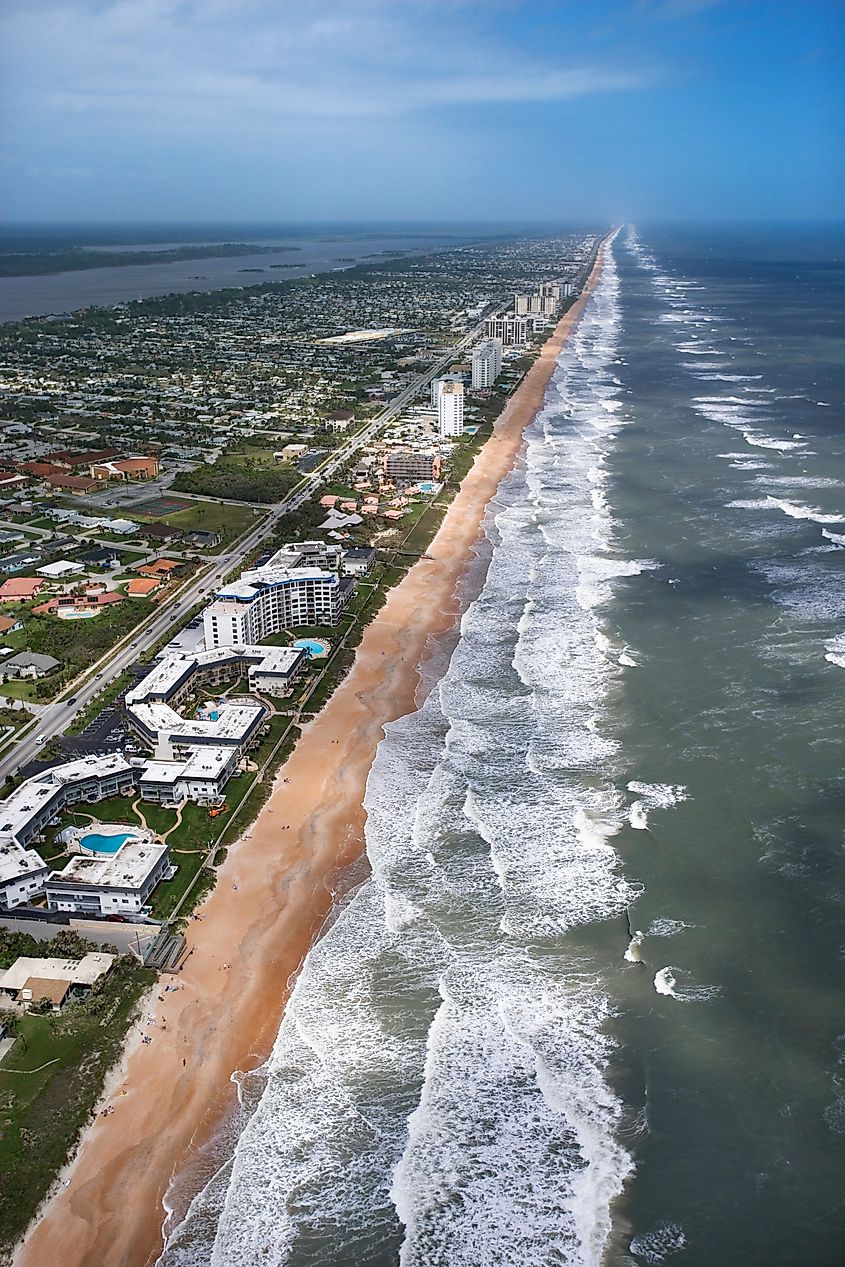 Aerial view of Ormond Beach, Florida, with oceanfront buildings.