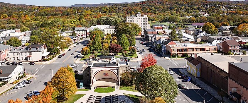 Aerial view of Lehighton, Pennsylvania in fall, via 