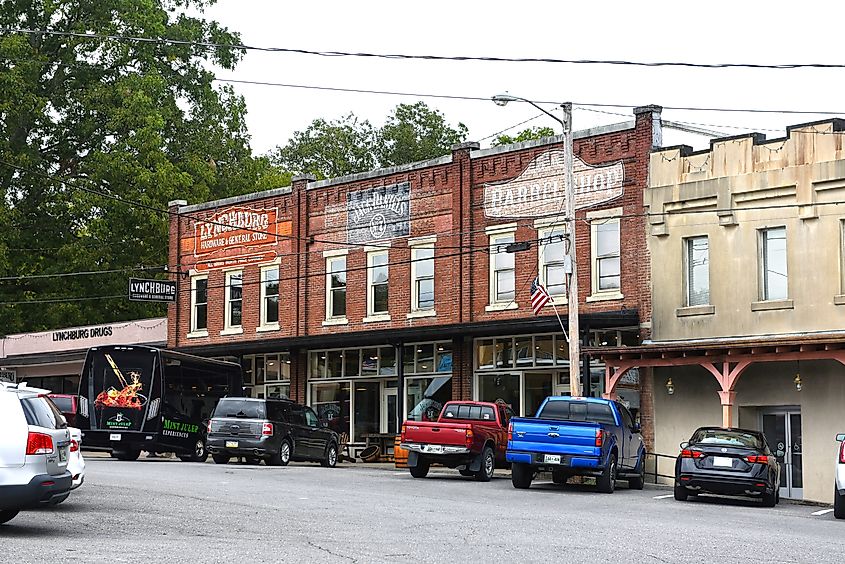 Drug store, Lynchburg Hardware and General Store, Jack Daniels and Barrel shop in the traditional commercial block close to the Jack Daniels Distillery. Editorial credit: Paul McKinnon / Shutterstock.com