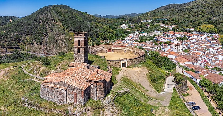 Almonaster castle-mosque and bullring , on the remains of a 6th century Visigothic basilica