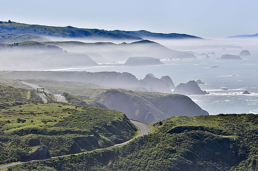 Fog rolling over the Pacific Coast Highway near Bodega Bay, in Northern California.