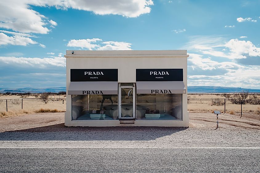 Prada Marfa in Valentine, Texas, is a sculpture that symbolizes satire and over-commercialism.