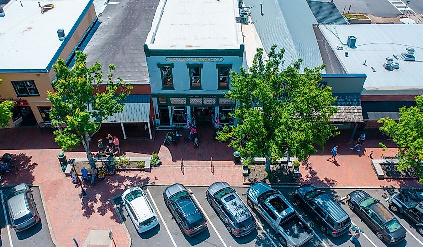 View of businesses along the main street and square in downtown Dahlonega Georgia