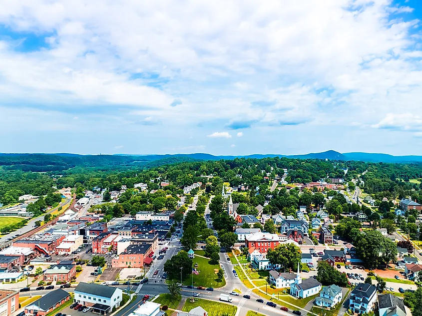 Aerial view of New Milford, Connecticut town square.