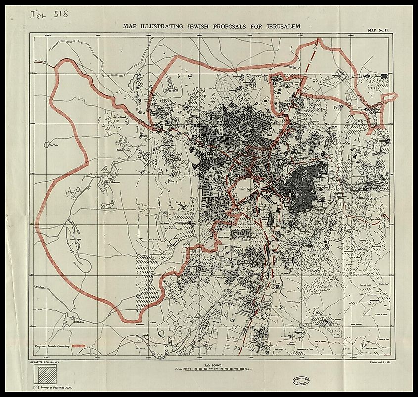 الخطة اليهودية لتقسيم القدس، كما قدمت إلى لجنة وودهيد، 1938. ويكيميديا ​​كومنز/مكتبة إسرائيل الوطنية.