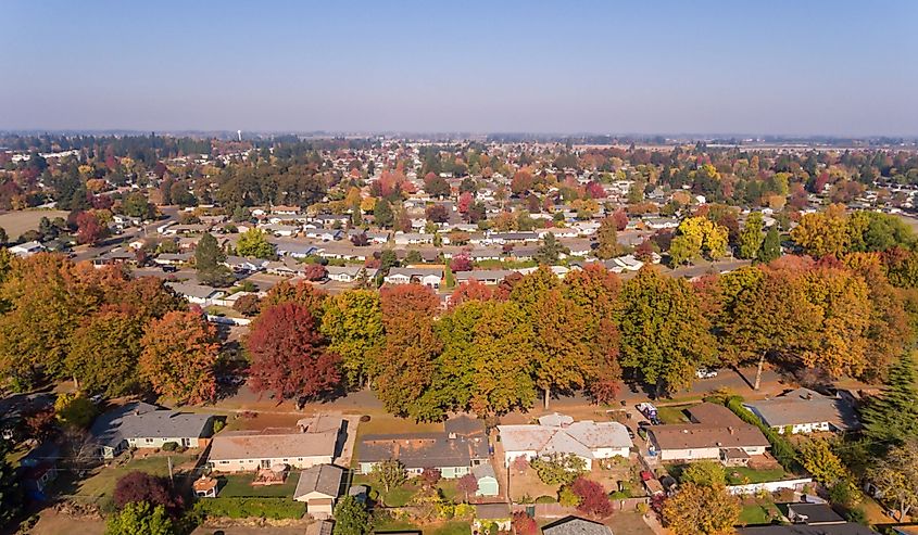 Aerial view above Salem Oregon in the Fall season