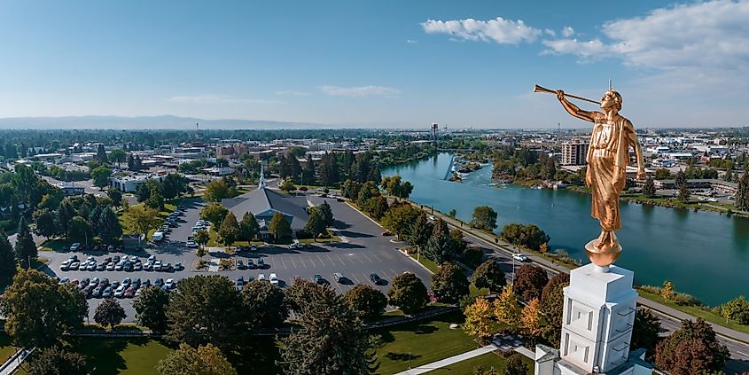 Aerial panoramic view of the waterfall in Idaho Falls, Idaho