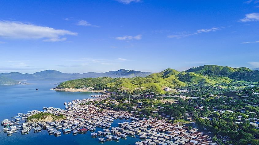 Floating fishing village in Papua New Guinea from the air.