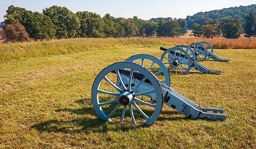 Replica cannons at Valley Forge National Historical Park, Revolutionary War encampment, northwest of Philadelphia, in Pennsylvania.
