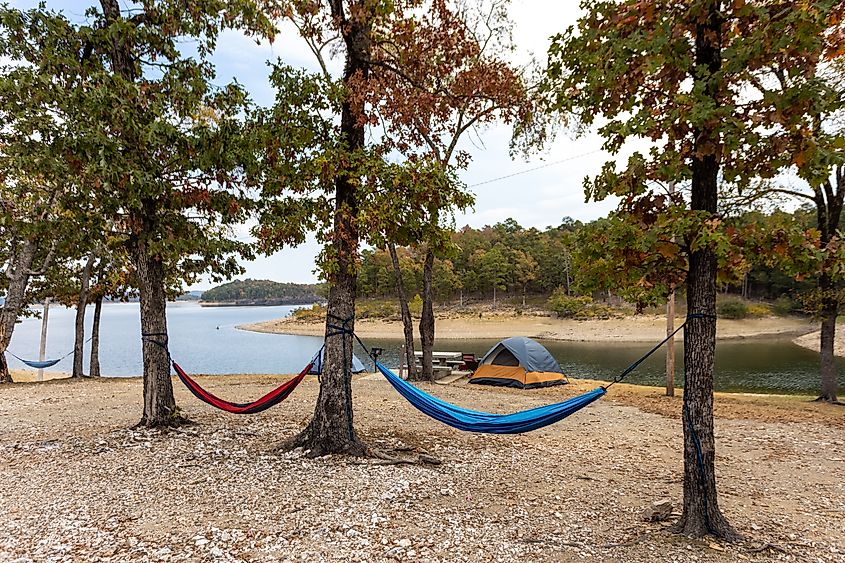 Camping tents and hammock near Broken bow lake in Oklahoma, USA.