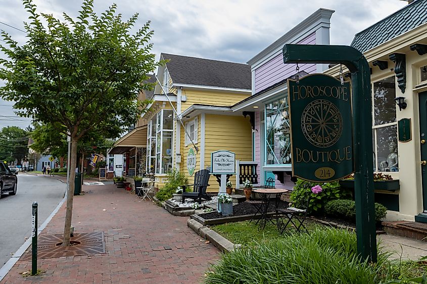 Colorful shops on Talbot Street, St. Michaels, Maryland.