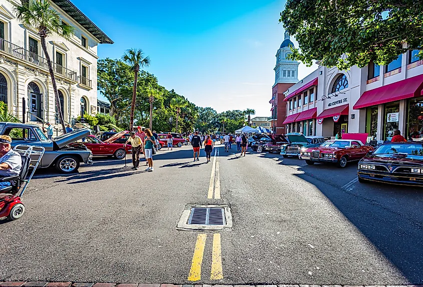 Classic car show taking place on a downtown street in Fernandina Beach, Florida.