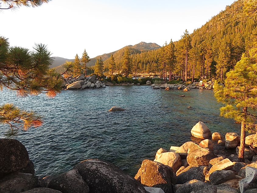 Crystal-clear waters and sandy beach at Sand Harbor in Lake Tahoe Nevada State Park, near Incline Village.