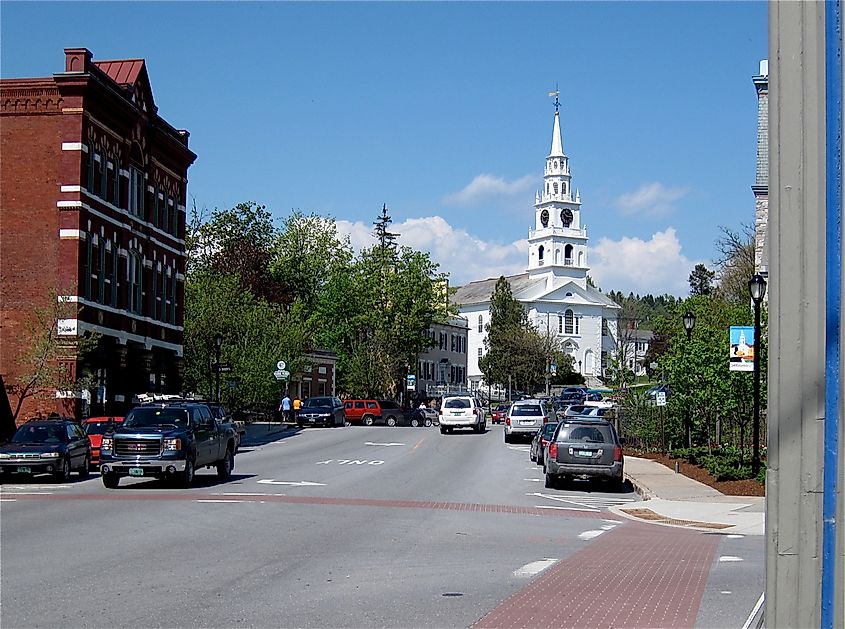 Main Street in Middlebury, Vermont, featuring charming historic buildings