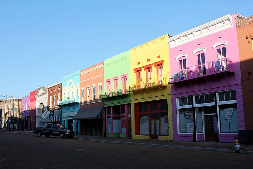 Colorful buildings in downtown Yazoo City, Mississippi